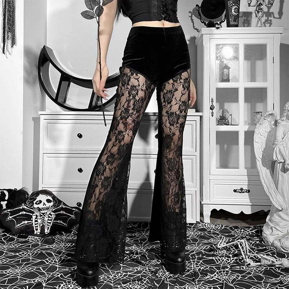 Womens Fashion Women's Black Lace Pants Sexy See Through Sheer